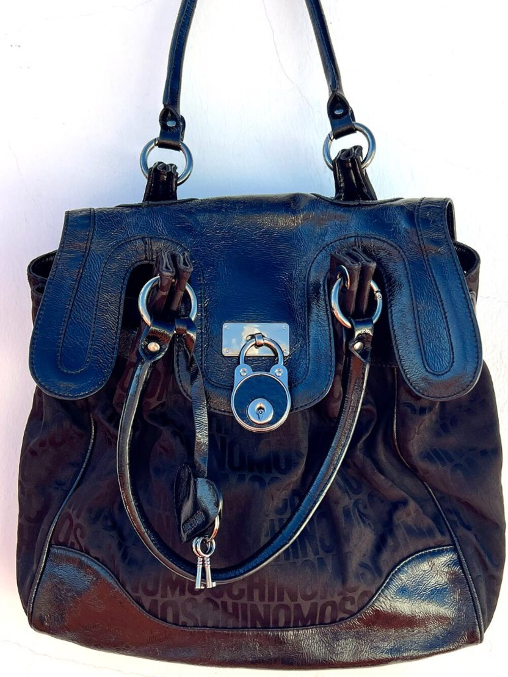 MOSCHINO Black Jacquard Patent Leather Padlock Tote Bag Y2K